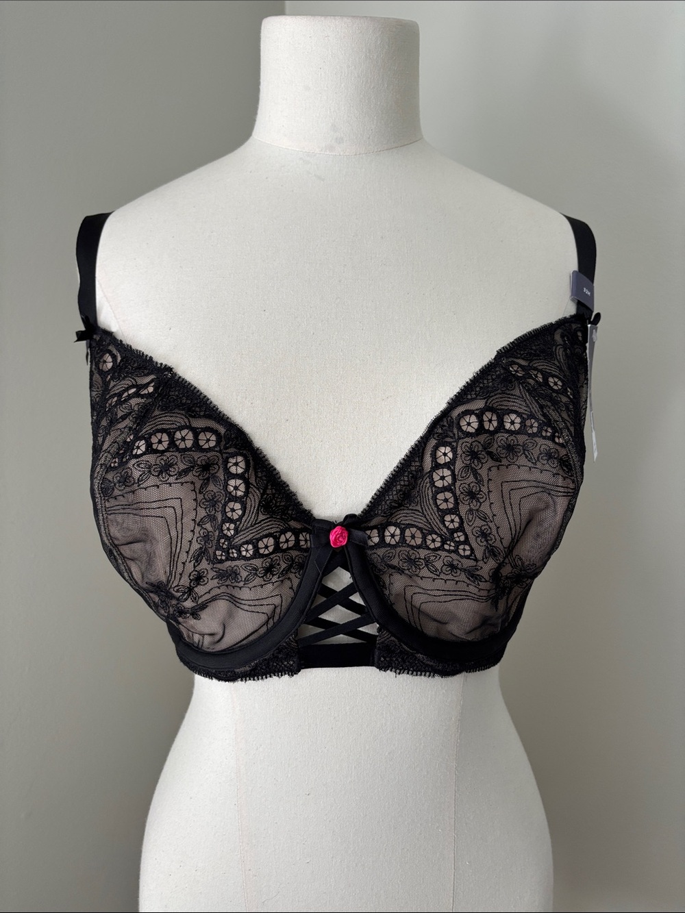 Cacique Black Lace Unlined Balconette Bra Lace Mesh Black Tan 32H